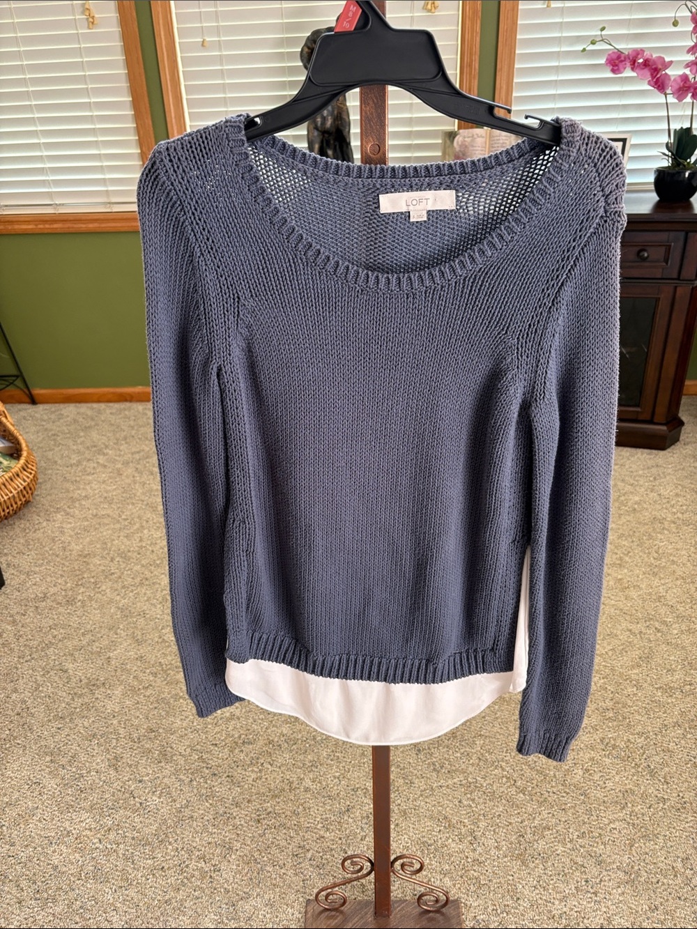LOFT Two-Tone Layered Hem Crewneck Sweater - Slate Blue & White